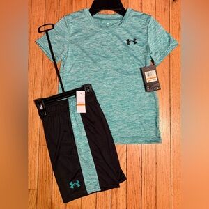 Under Armour boys size 7 Teal Heather Performance Tee with Black Athletic Shorts